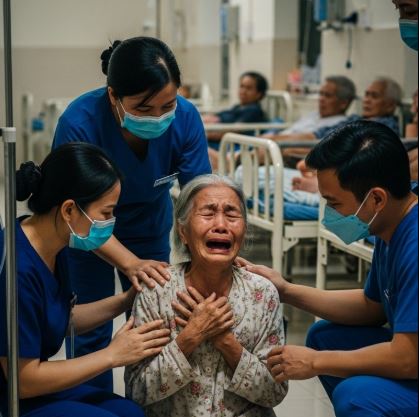 Bà cụ ngồi trên xe lăn, lặng lẽ nhìn theo, trong mắt chẳng còn giận dữ, chỉ còn nỗi đ au tột cùng