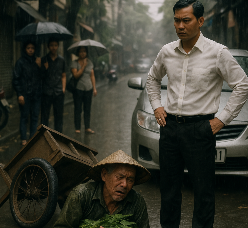 Người đàn ông chở xe rau muống bị chiếc xe ô tô tông vào ng:ã ra đường, lái xe bước xuống nói: “Mớ rau cho l:ợn này bao tiền nói luôn đi”